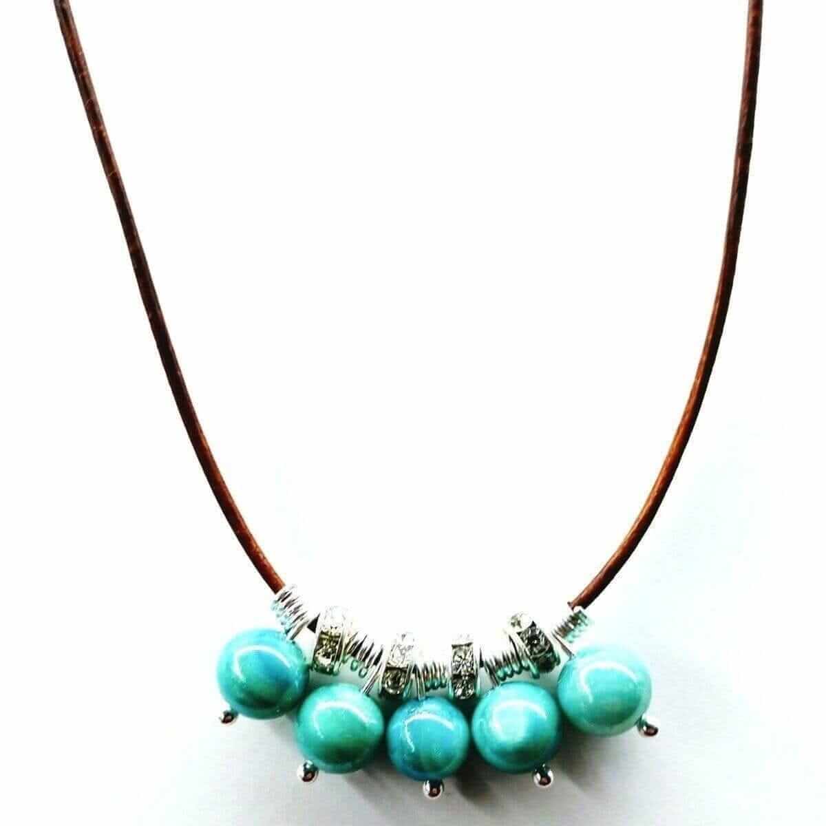 Green Blue Shell Bead Charm Leather Necklace Sterling Silver