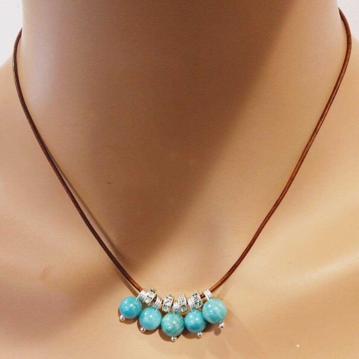 Green Blue Shell Bead Charm Leather Necklace Sterling Silver