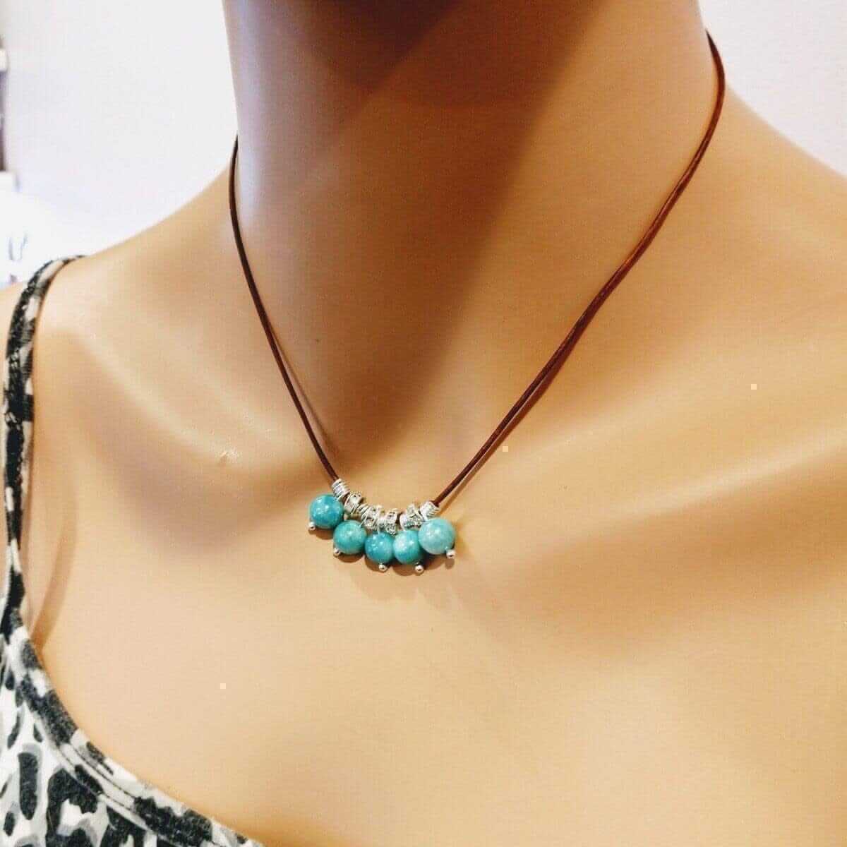 Green Blue Shell Bead Charm Leather Necklace Sterling Silver