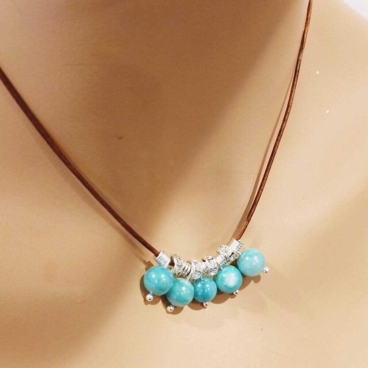 Green Blue Shell Bead Charm Leather Necklace Sterling Silver