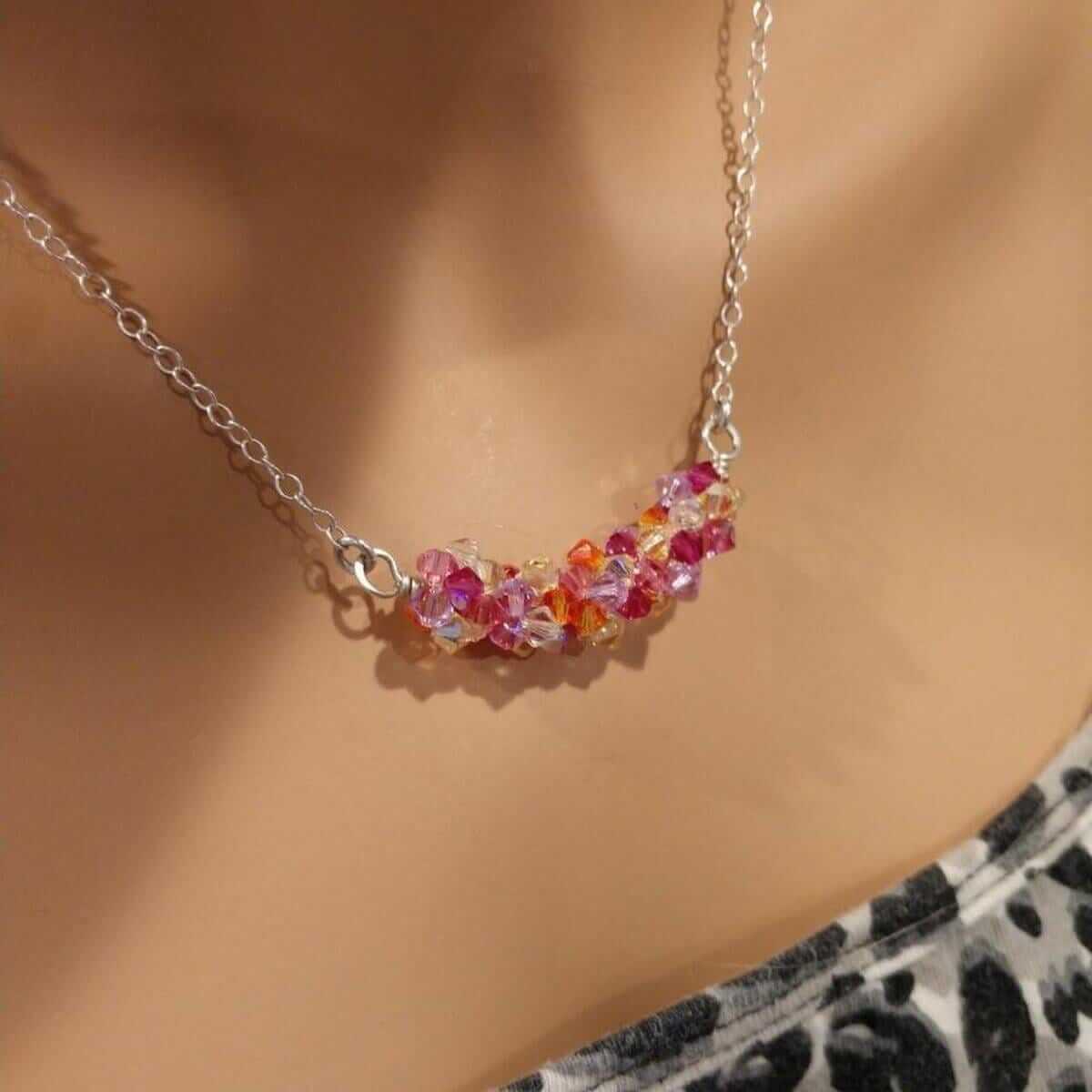 Multi Color Spring Blossom Crystal Necklace Sterling Silver