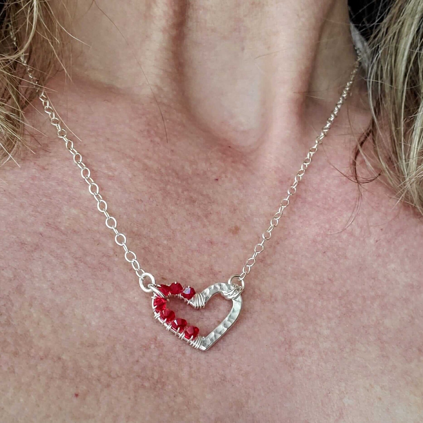 Silver Red Crystal Hammered Heart Necklace Alexa Martha Designs