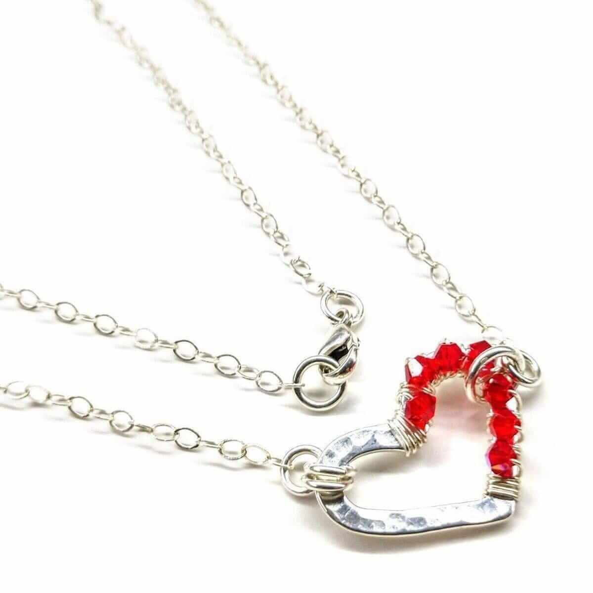 Silver Red Crystal Hammered Heart Necklace Alexa Martha Designs