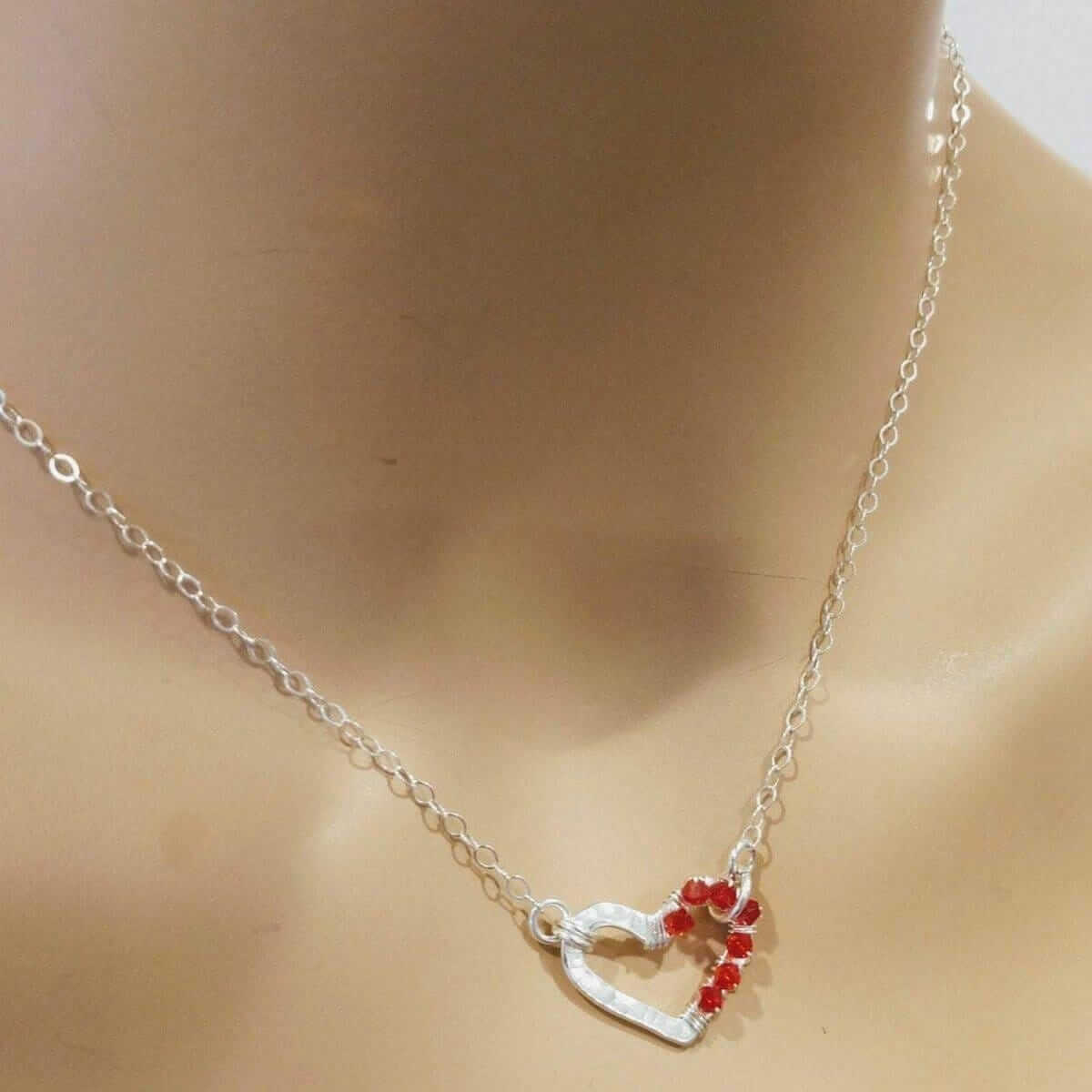 Silver Red Crystal Hammered Heart Necklace Alexa Martha Designs