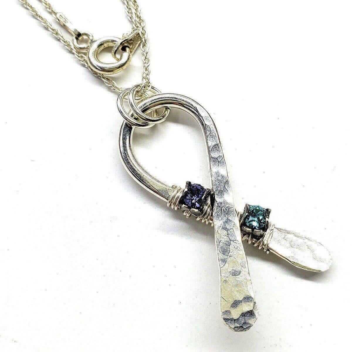 Silver Suicide Prevention Awareness Ribbon Necklace with Purple and Teal Crystals