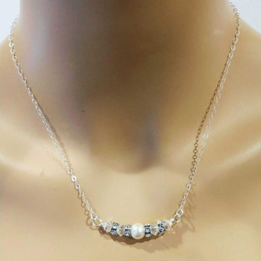 Swarovski Crystal Pearl Bar Bridal Necklace Sterling Silver Alexa Martha Designs