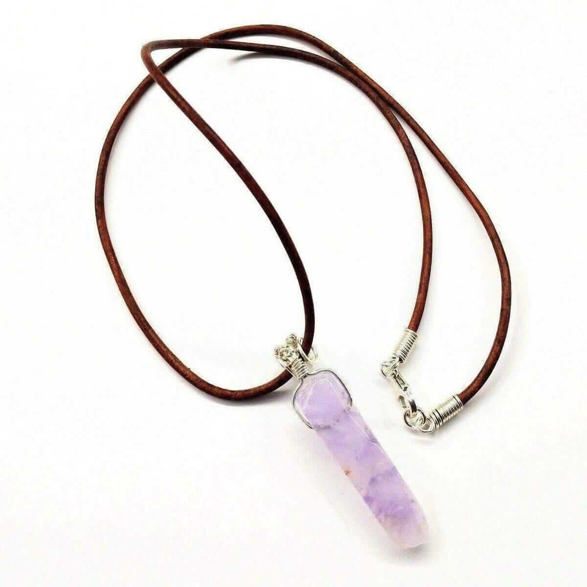 Light Amethyst Gemstone Point Leather Necklace Silver Wrapped