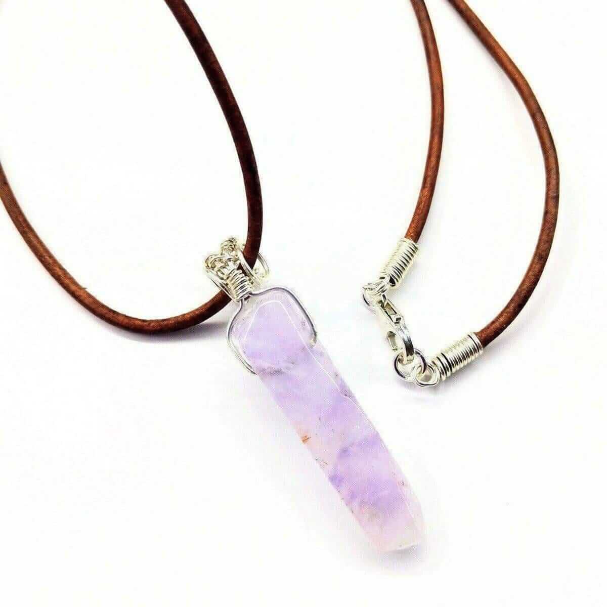 Light Amethyst Gemstone Point Leather Necklace Silver Wrapped