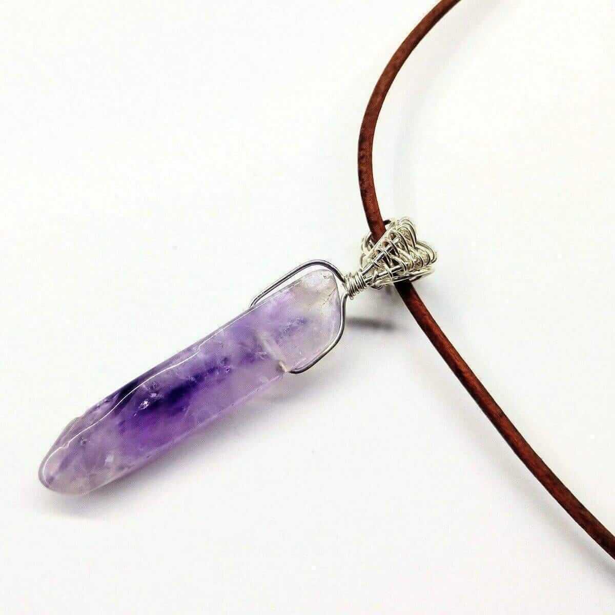 Light Amethyst Gemstone Point Leather Necklace Silver Wrapped