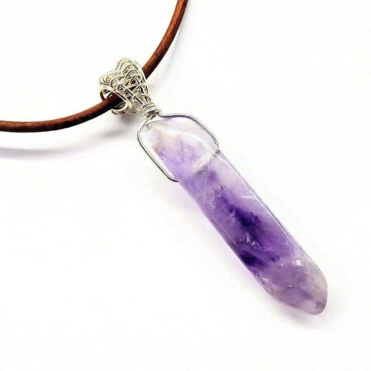 Light Amethyst Gemstone Point Leather Necklace Silver Wrapped