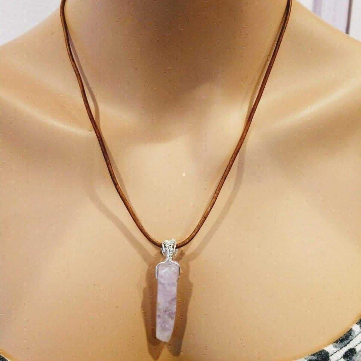 Light Amethyst Gemstone Point Leather Necklace Silver Wrapped