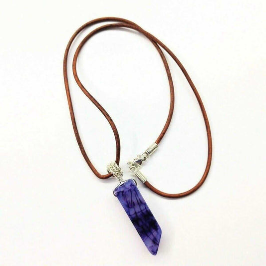 Purple Dyed Crackle Agate Point Leather Necklace Silver Wrapped by Alexa Martha Designs