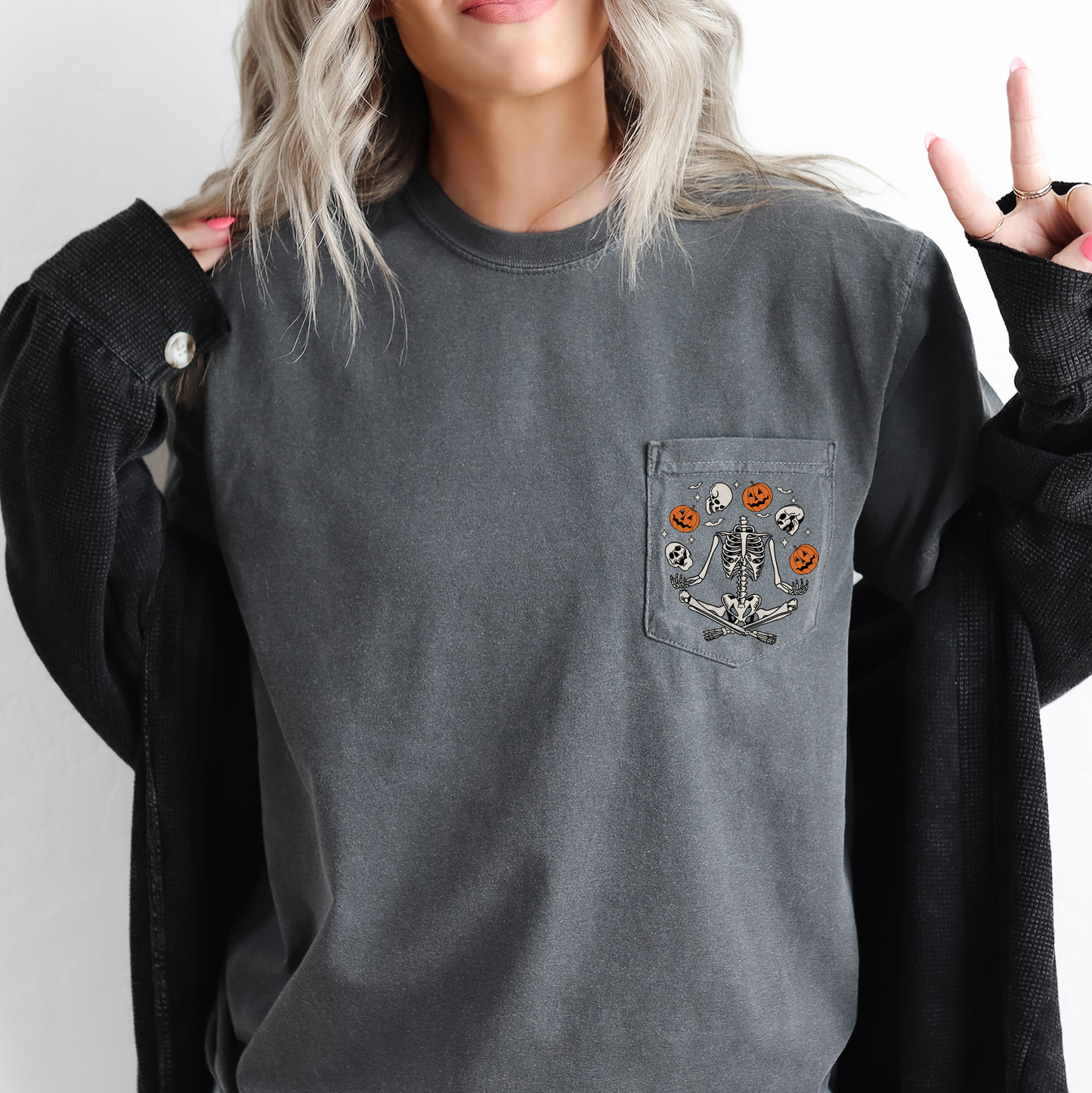 Skeleton Juggling Jack o Lantern Pocket T-Shirt Comfort Colors Refinery Number One