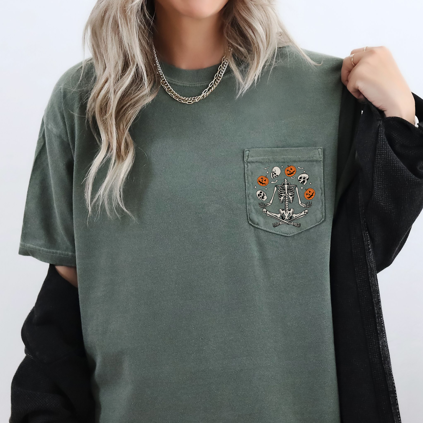 Skeleton Juggling Jack o Lantern Pocket T-Shirt Comfort Colors Refinery Number One