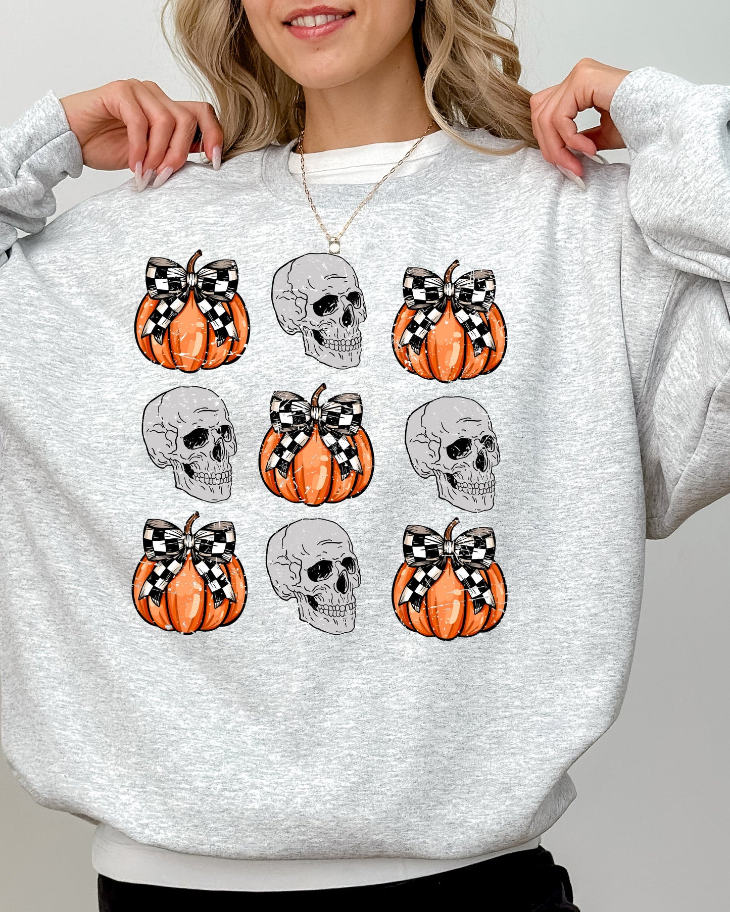 Skulls and Checkered Pumpkins, Coquette Ribbons and Bows, Halloween, Fall, Autumn Sweatshirt