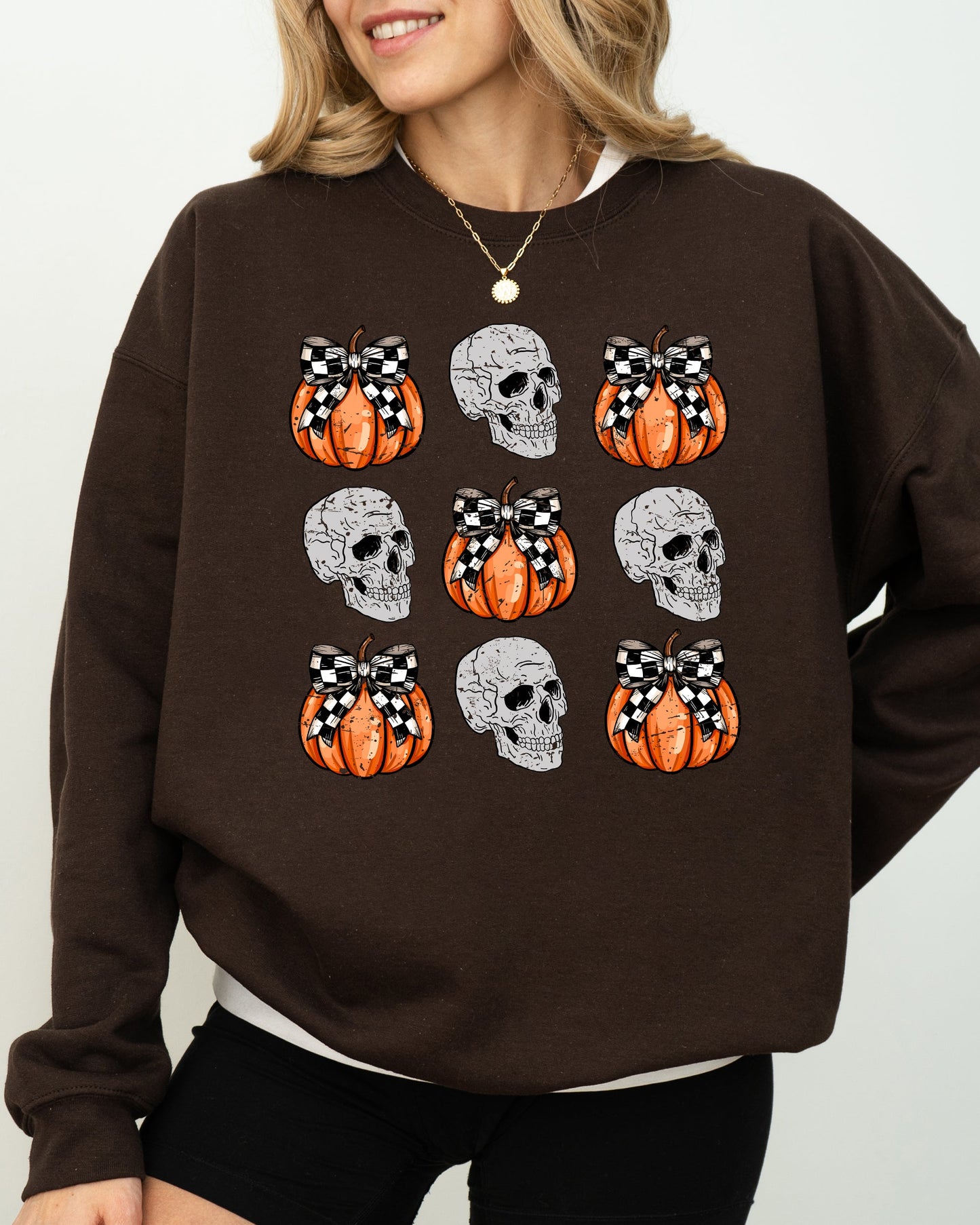 Skulls and Checkered Pumpkins, Coquette Ribbons and Bows, Halloween, Fall, Autumn Sweatshirt