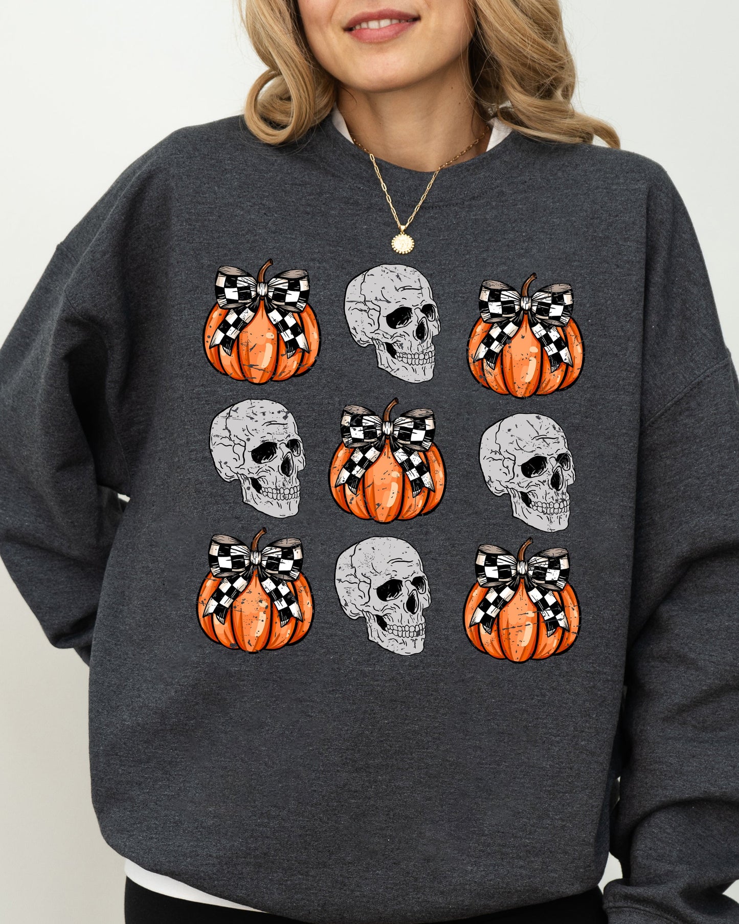 Skulls and Checkered Pumpkins, Coquette Ribbons and Bows, Halloween, Fall, Autumn Sweatshirt