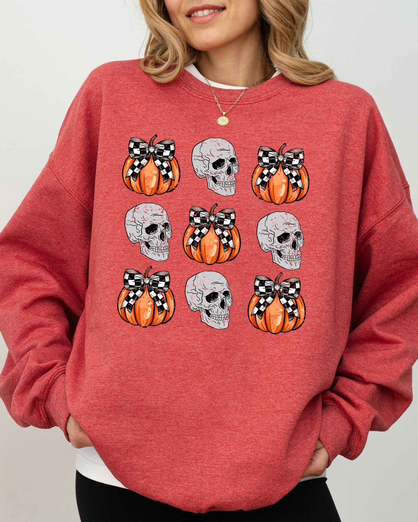 Skulls and Checkered Pumpkins, Coquette Ribbons and Bows, Halloween, Fall, Autumn Sweatshirt
