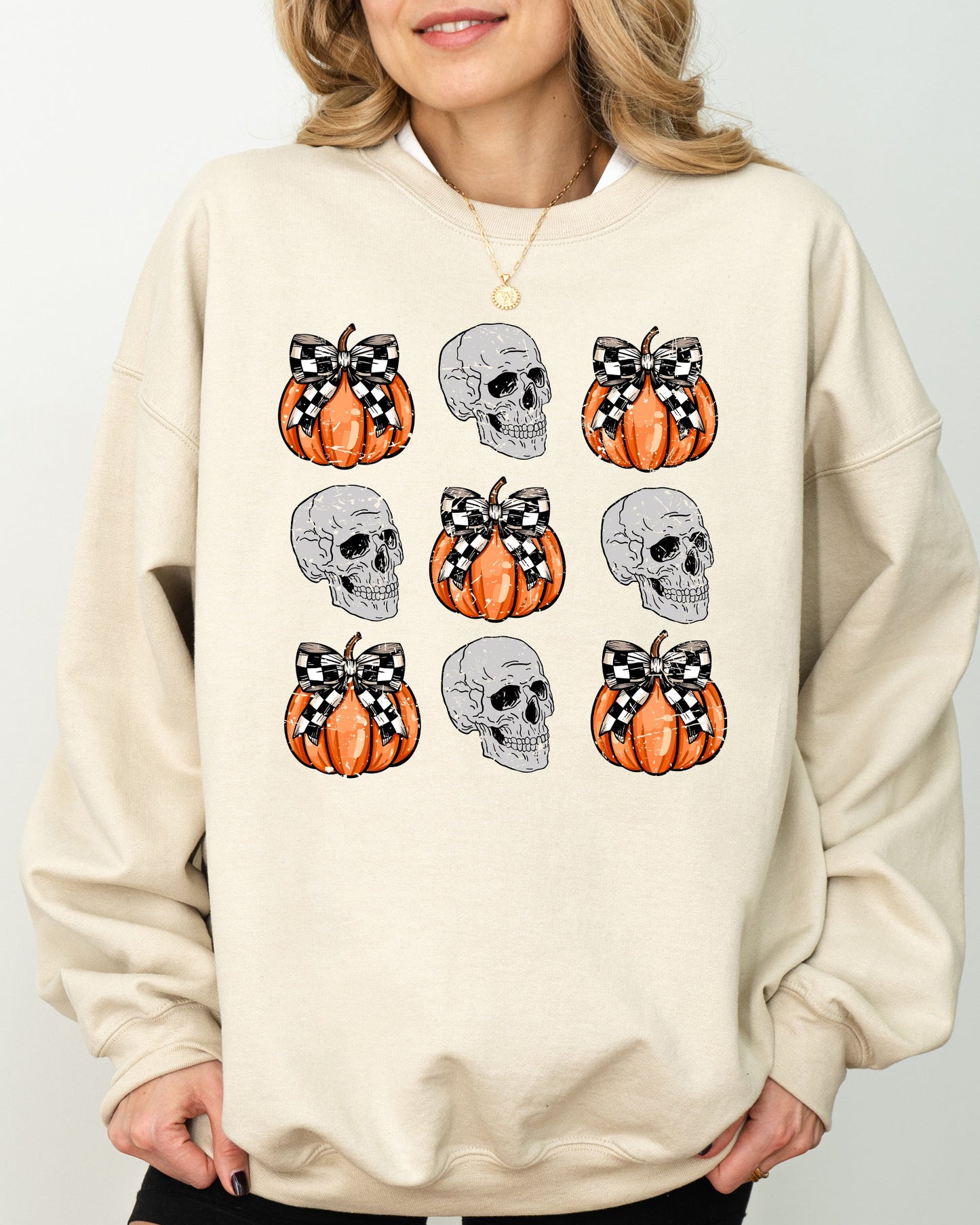 Skulls and Checkered Pumpkins, Coquette Ribbons and Bows, Halloween, Fall, Autumn Sweatshirt