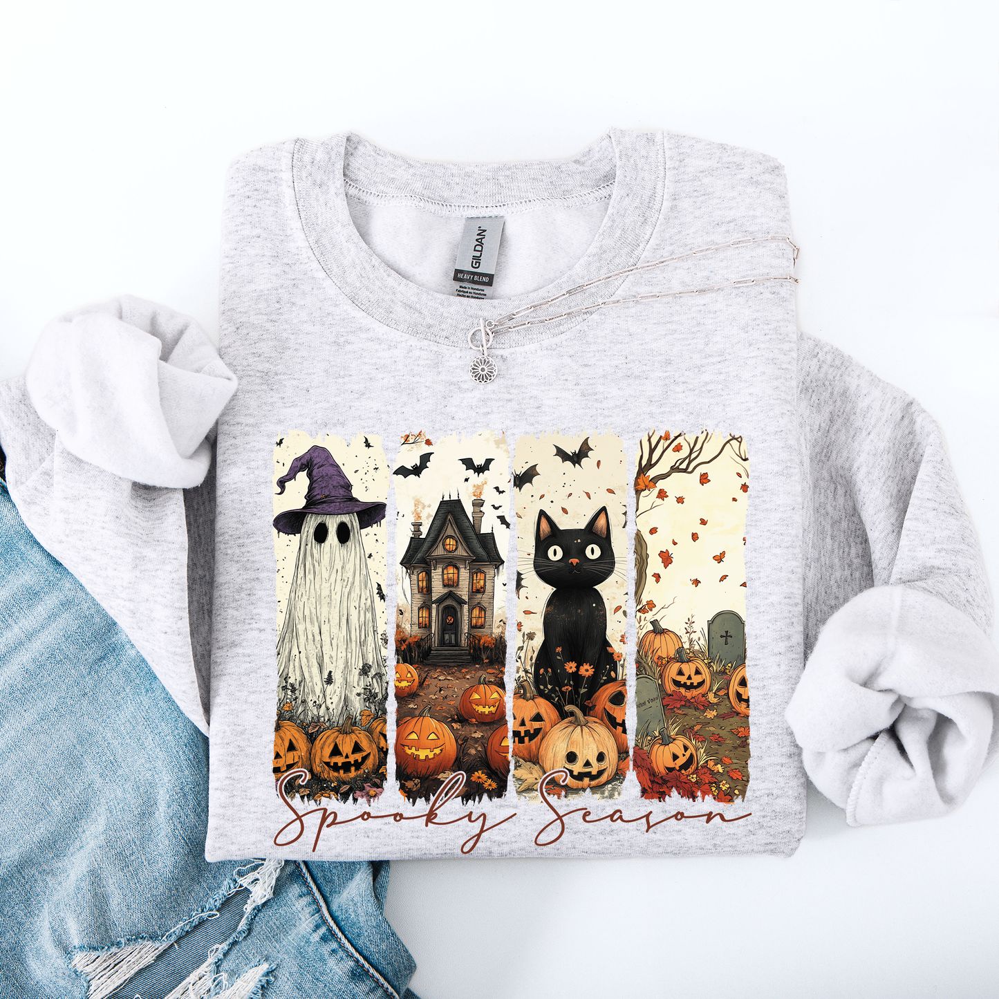 Spooky Season, Stripes, Halloween, Cat, Ghost, Pumpkins, Autumn, Fall Sweatshirt