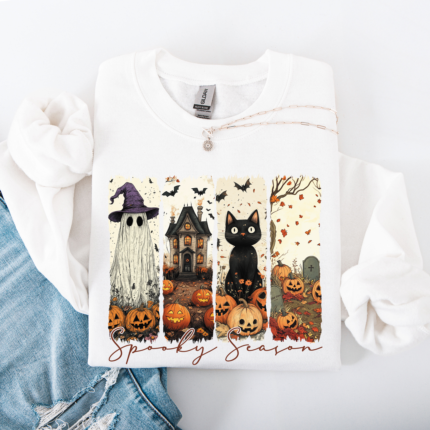 Spooky Season, Stripes, Halloween, Cat, Ghost, Pumpkins, Autumn, Fall Sweatshirt