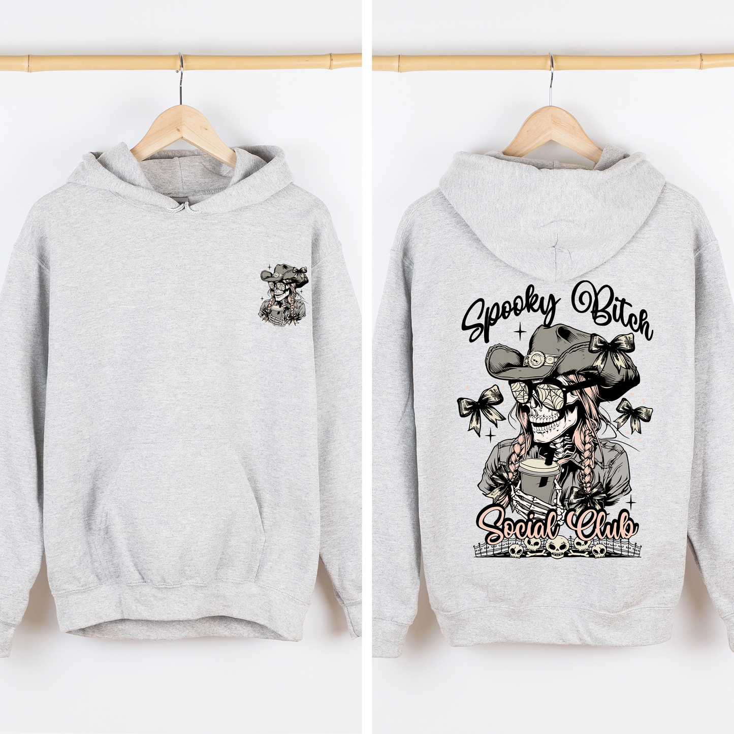 Spooky Bitch Social Club, Skeleton, Coquette, Halloween, Trending, Graphic Hoodie, Hooded Sweatshirt
