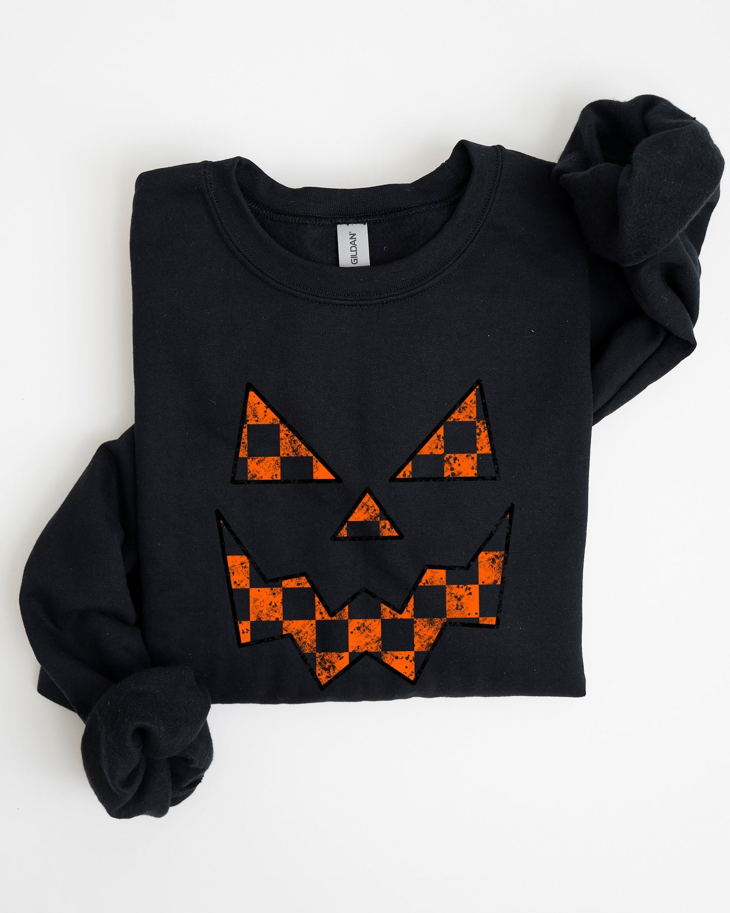 Spooky Jack-o-lantern, Retro Halloween, Pumpkin, Fall, Autumn, Checkered Sweatshirt