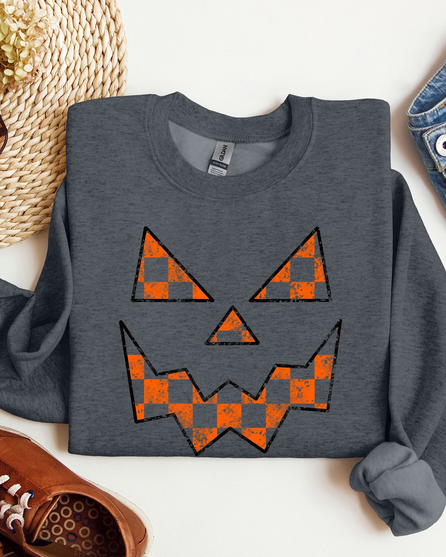 Spooky Jack-o-lantern, Retro Halloween, Pumpkin, Fall, Autumn, Checkered Sweatshirt