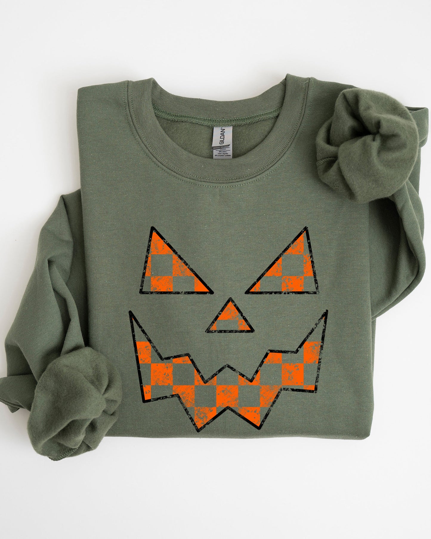 Spooky Jack-o-lantern, Retro Halloween, Pumpkin, Fall, Autumn, Checkered Sweatshirt