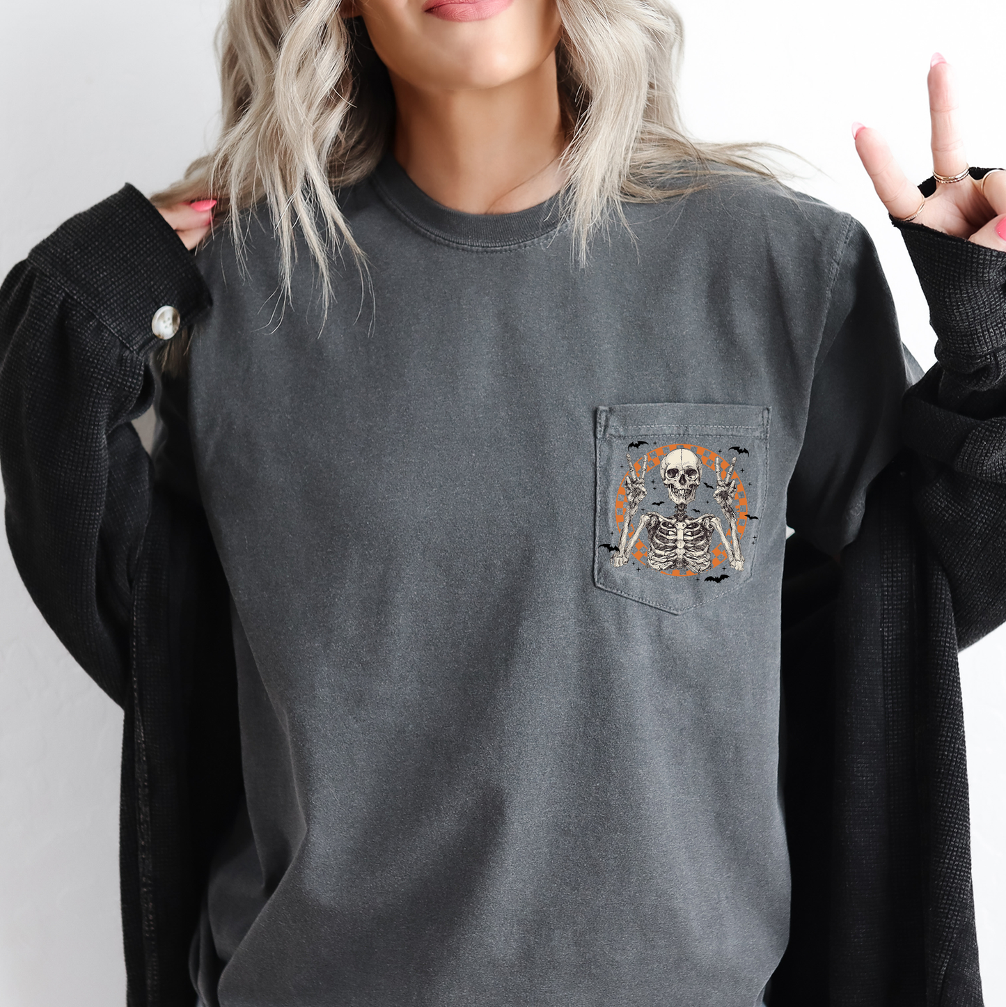 Skeleton Peace Checkered Pocket Comfort Colors Pocket T-Shirt Refinery Number One