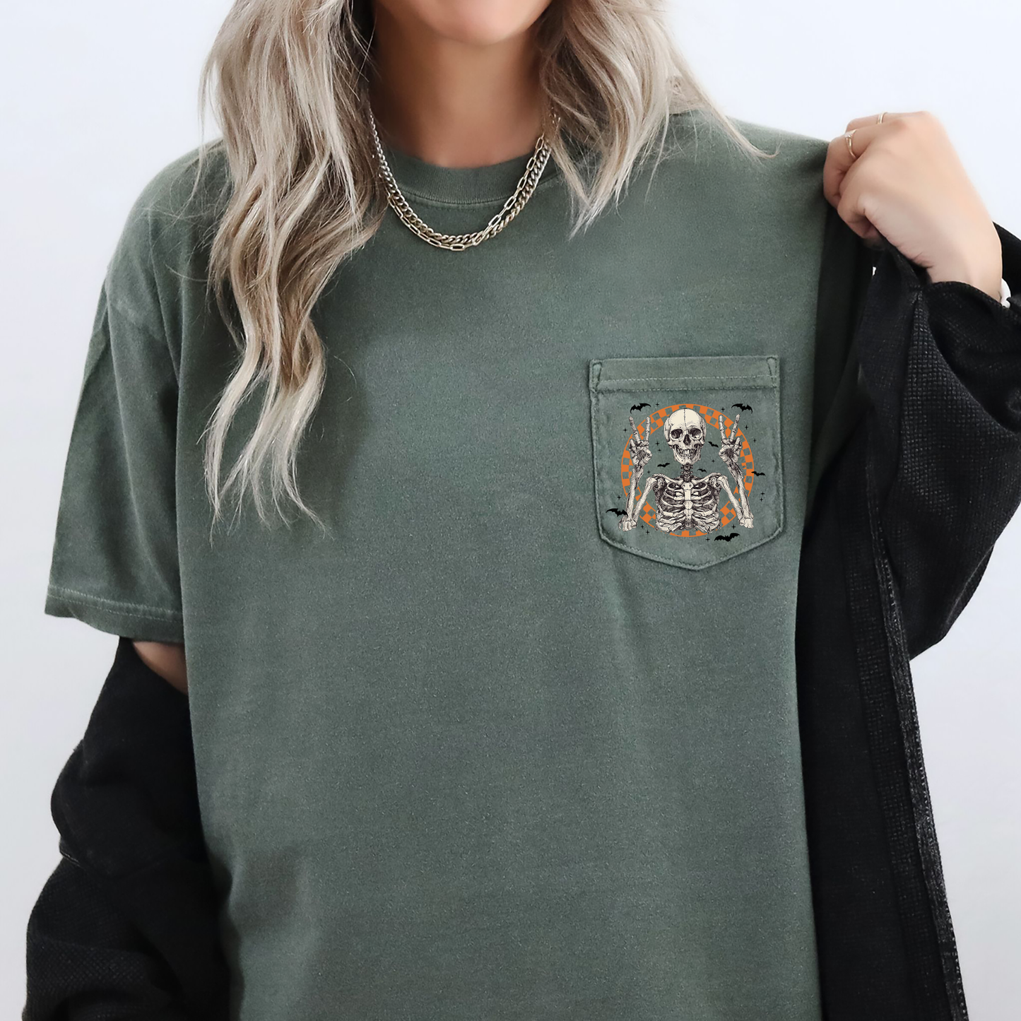Skeleton Peace Checkered Pocket Comfort Colors Pocket T-Shirt Refinery Number One
