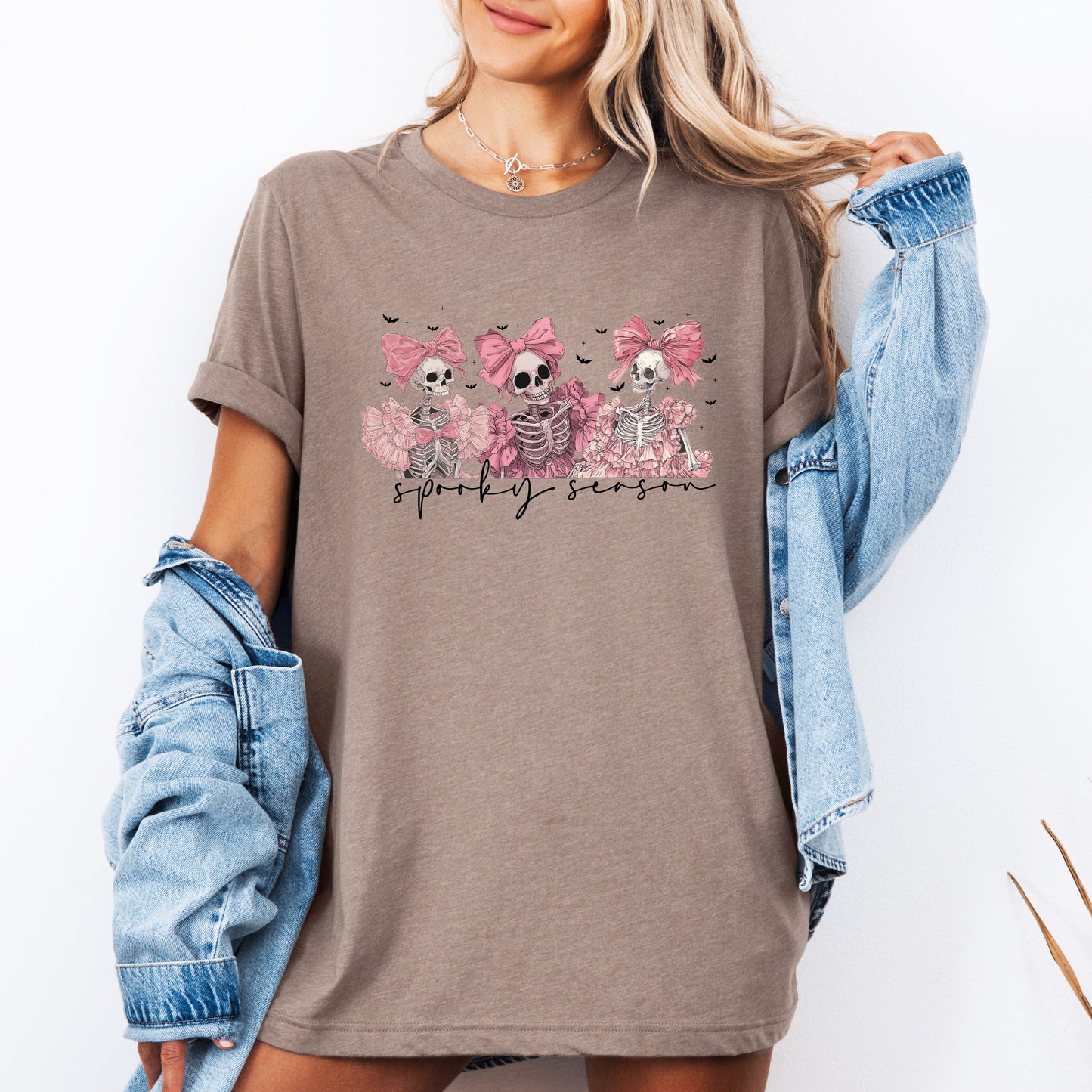 Spooky Season, Pink Skeletons, Cute, Coquette, Ribbon, Bows, Halloween, Tshirt