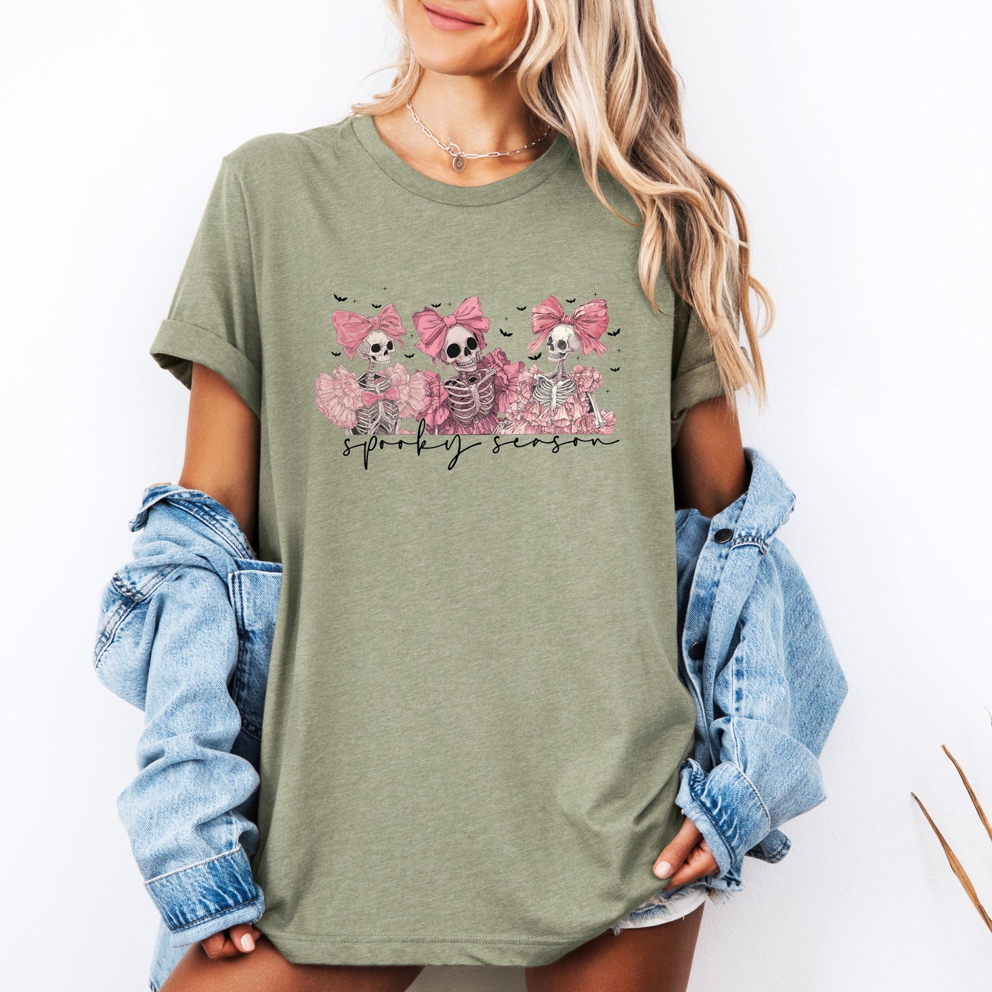 Spooky Season, Pink Skeletons, Cute, Coquette, Ribbon, Bows, Halloween, Tshirt