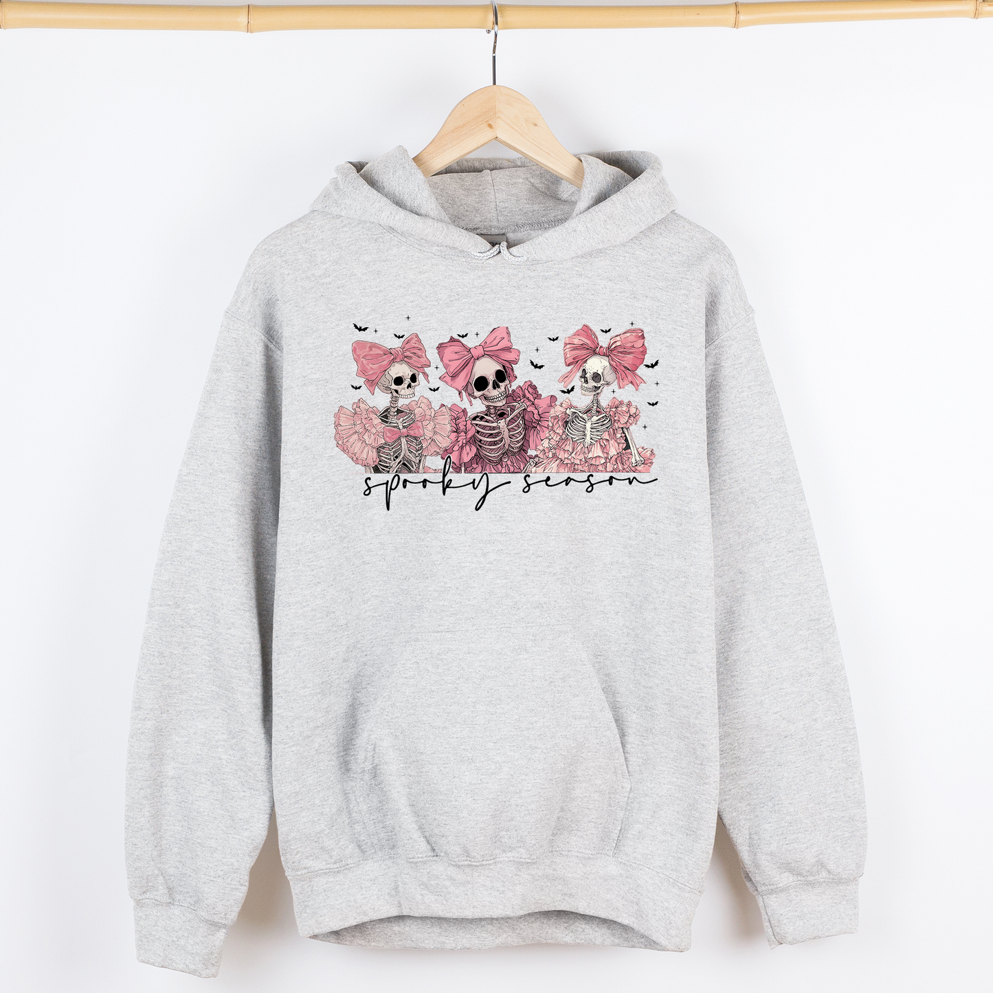 Spooky Season, Pink Skeletons, Cute, Coquette, Ribbon, Bows, Halloween, Graphic Hoodie, Hooded Sweatshirt