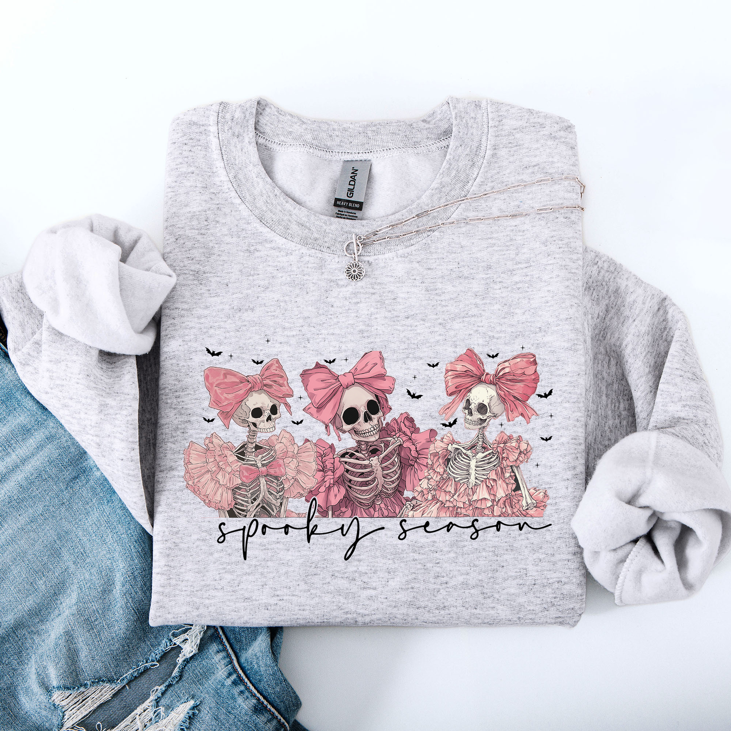 Spooky Season, Pink Skeletons, Cute, Coquette, Ribbon, Bows, Halloween Sweatshirt
