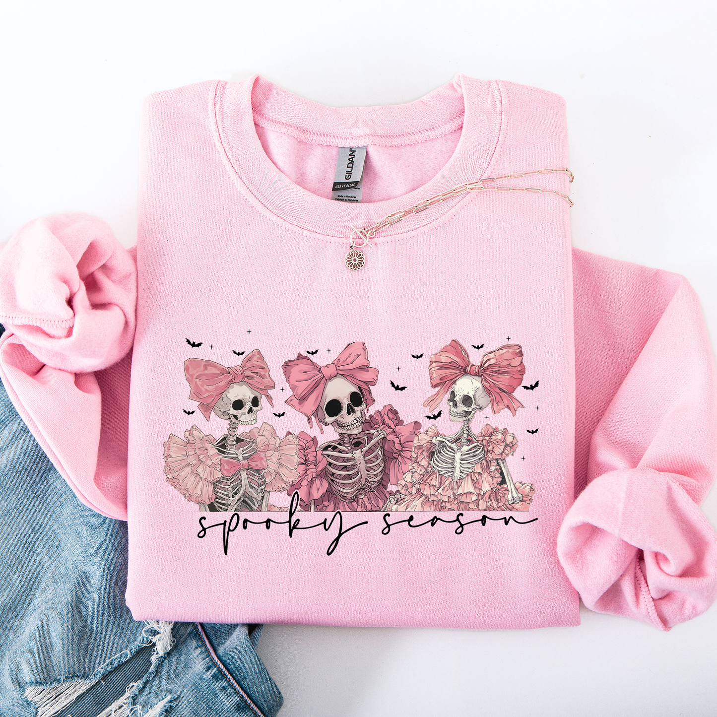 Spooky Season, Pink Skeletons, Cute, Coquette, Ribbon, Bows, Halloween Sweatshirt