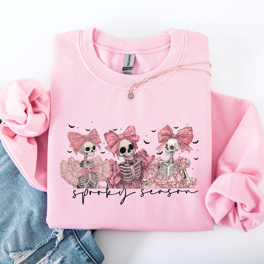 Spooky Season, Pink Skeletons, Cute, Coquette, Ribbon, Bows, Halloween Sweatshirt