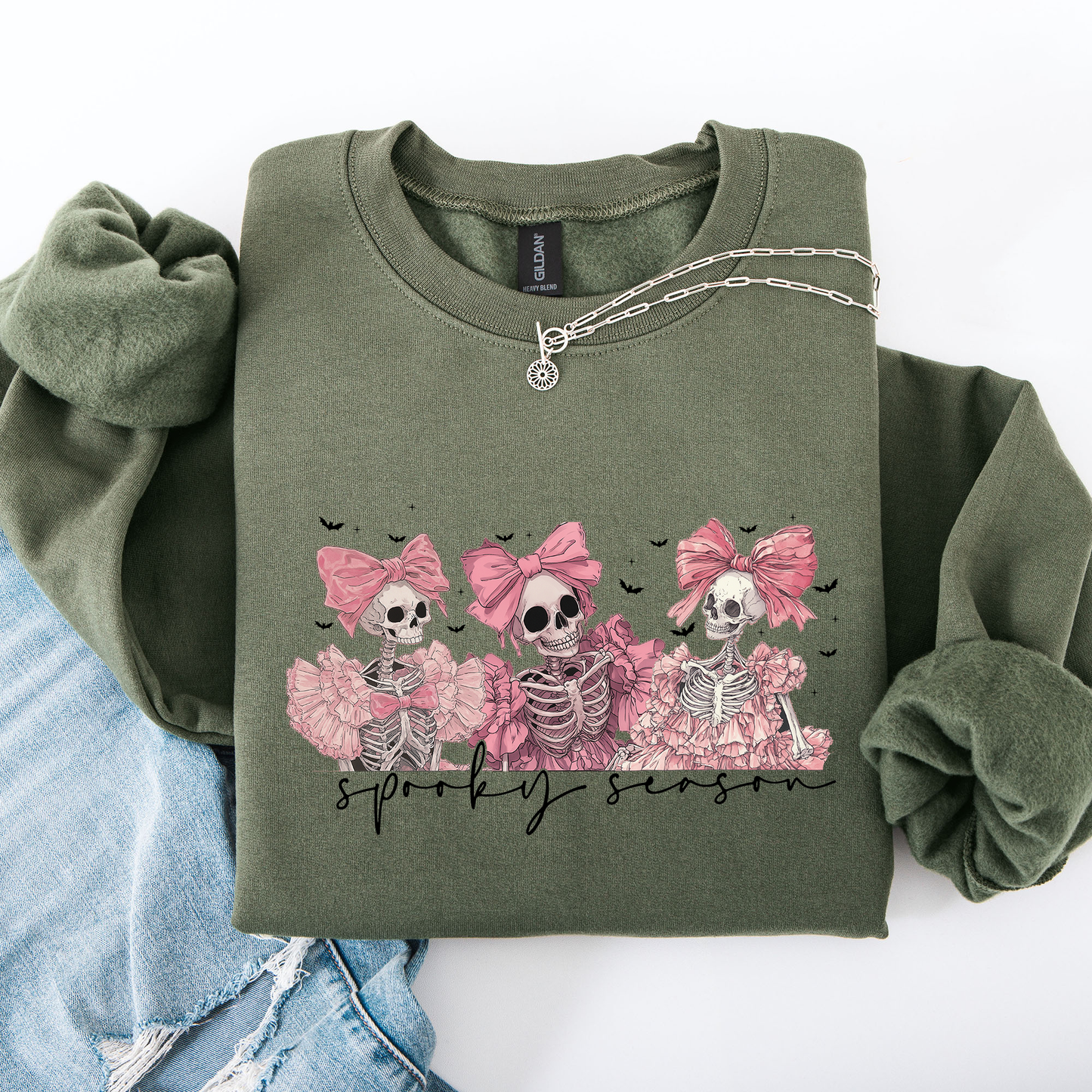 Spooky Season, Pink Skeletons, Cute, Coquette, Ribbon, Bows, Halloween Sweatshirt
