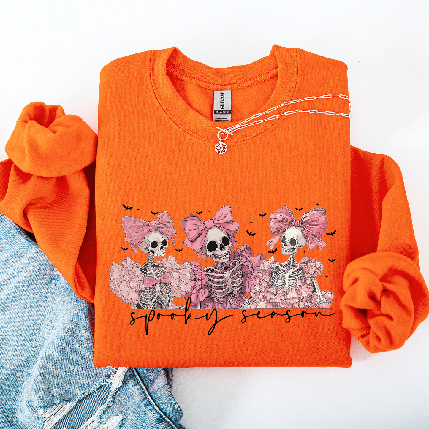 Spooky Season, Pink Skeletons, Cute, Coquette, Ribbon, Bows, Halloween Sweatshirt