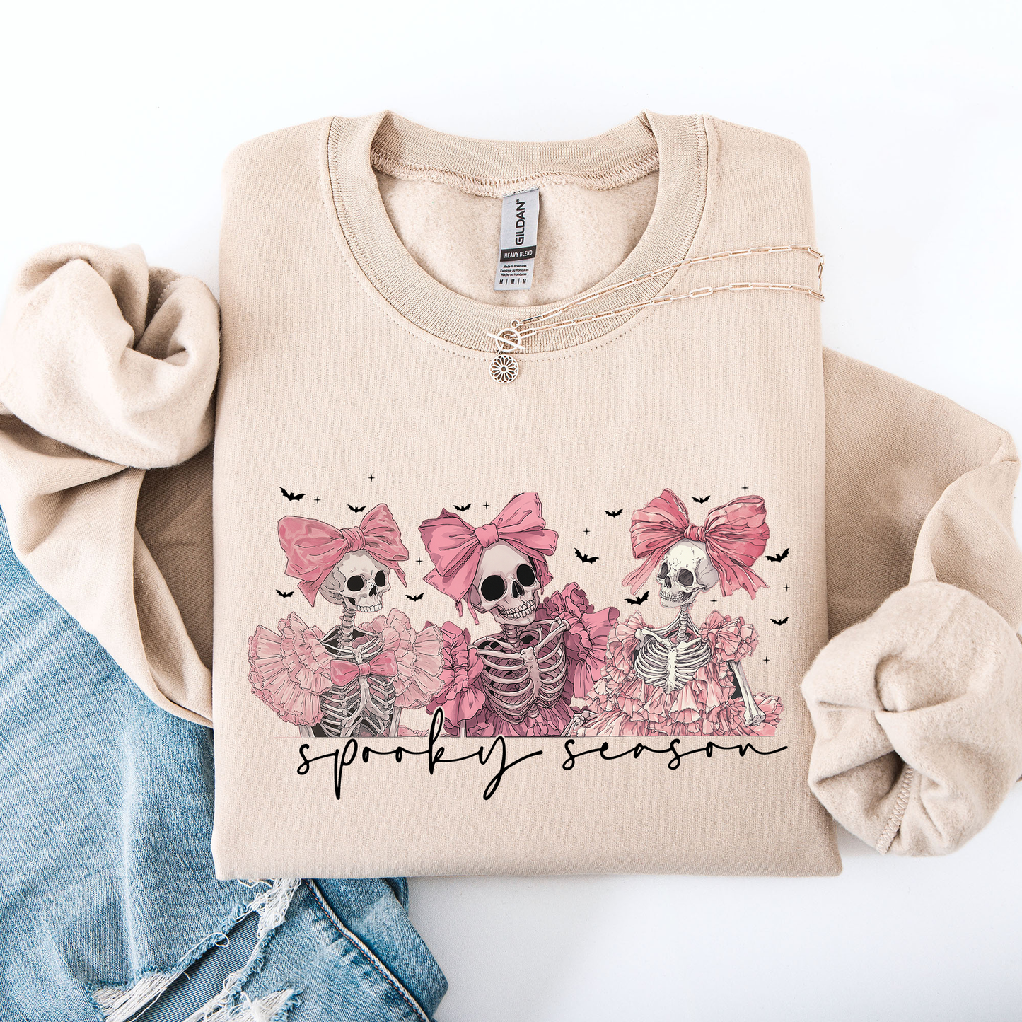 Spooky Season, Pink Skeletons, Cute, Coquette, Ribbon, Bows, Halloween Sweatshirt