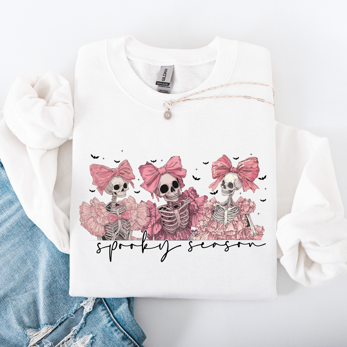 Spooky Season, Pink Skeletons, Cute, Coquette, Ribbon, Bows, Halloween Sweatshirt