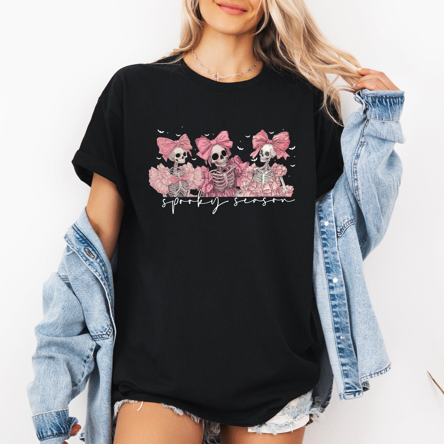 Spooky Season, Pink Skeletons, Cute, Coquette, Ribbon, Bows, Halloween, Tshirt