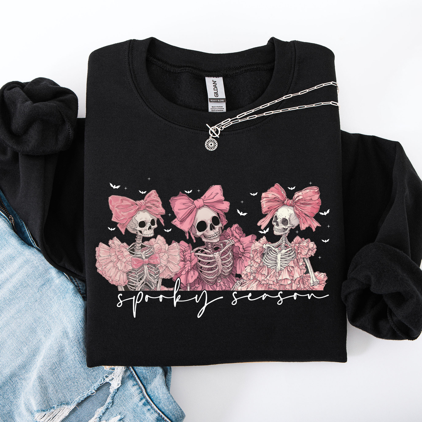 Spooky Season, Pink Skeletons, Cute, Coquette, Ribbon, Bows, Halloween Sweatshirt