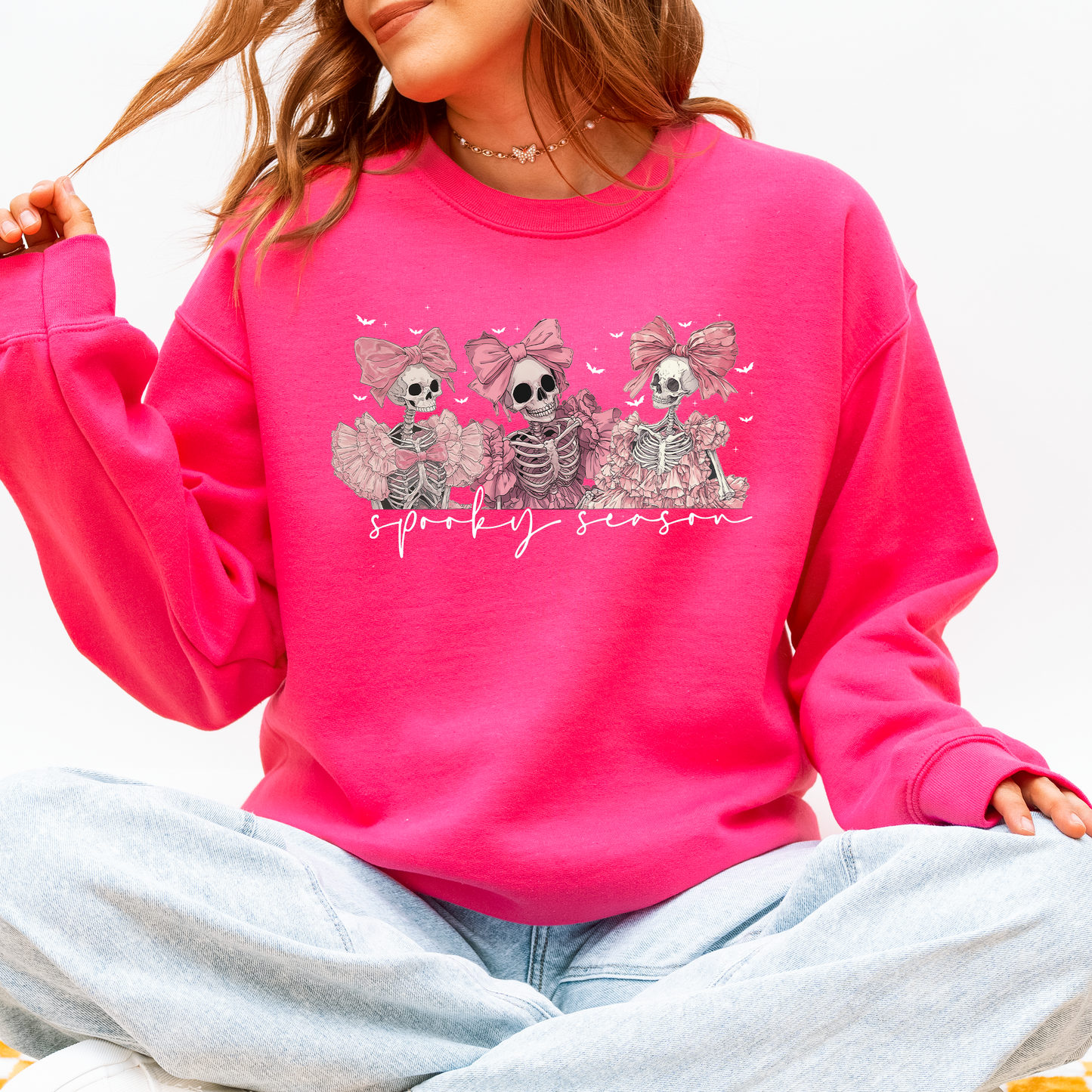 Spooky Season, Pink Skeletons, Cute, Coquette, Ribbon, Bows, Halloween Sweatshirt