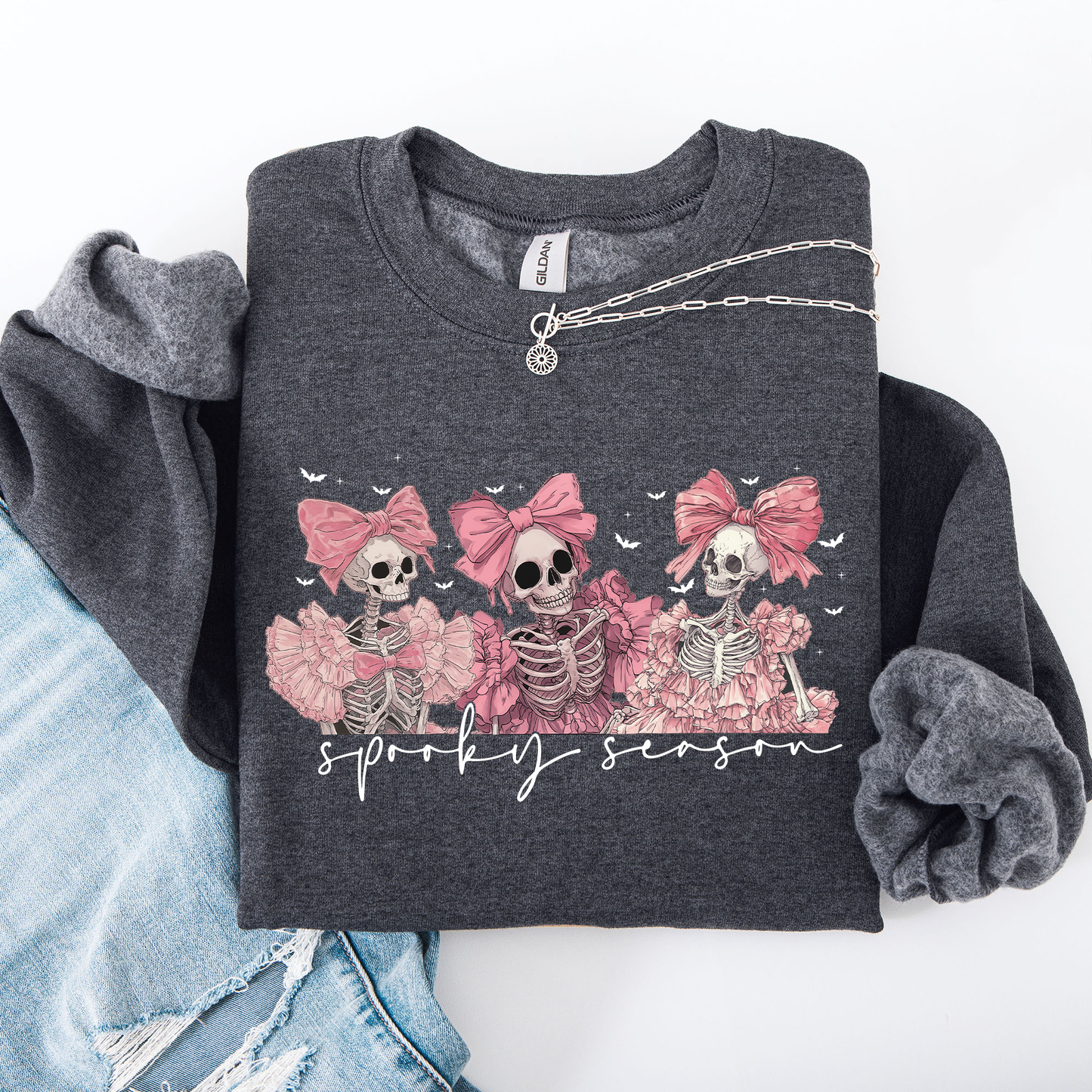 Spooky Season, Pink Skeletons, Cute, Coquette, Ribbon, Bows, Halloween Sweatshirt