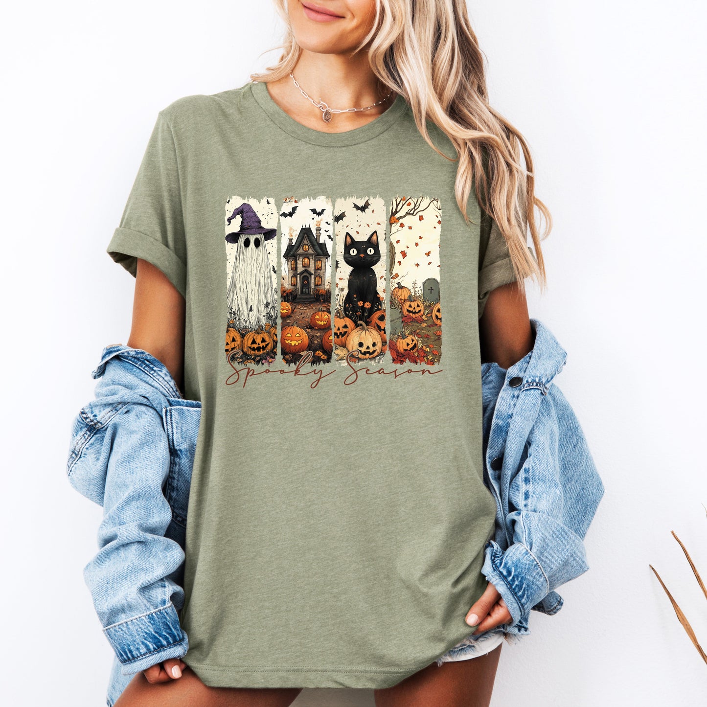 Spooky Season, Stripes, Halloween, Cat, Ghost, Pumpkins, Autumn, Fall, Tshirt