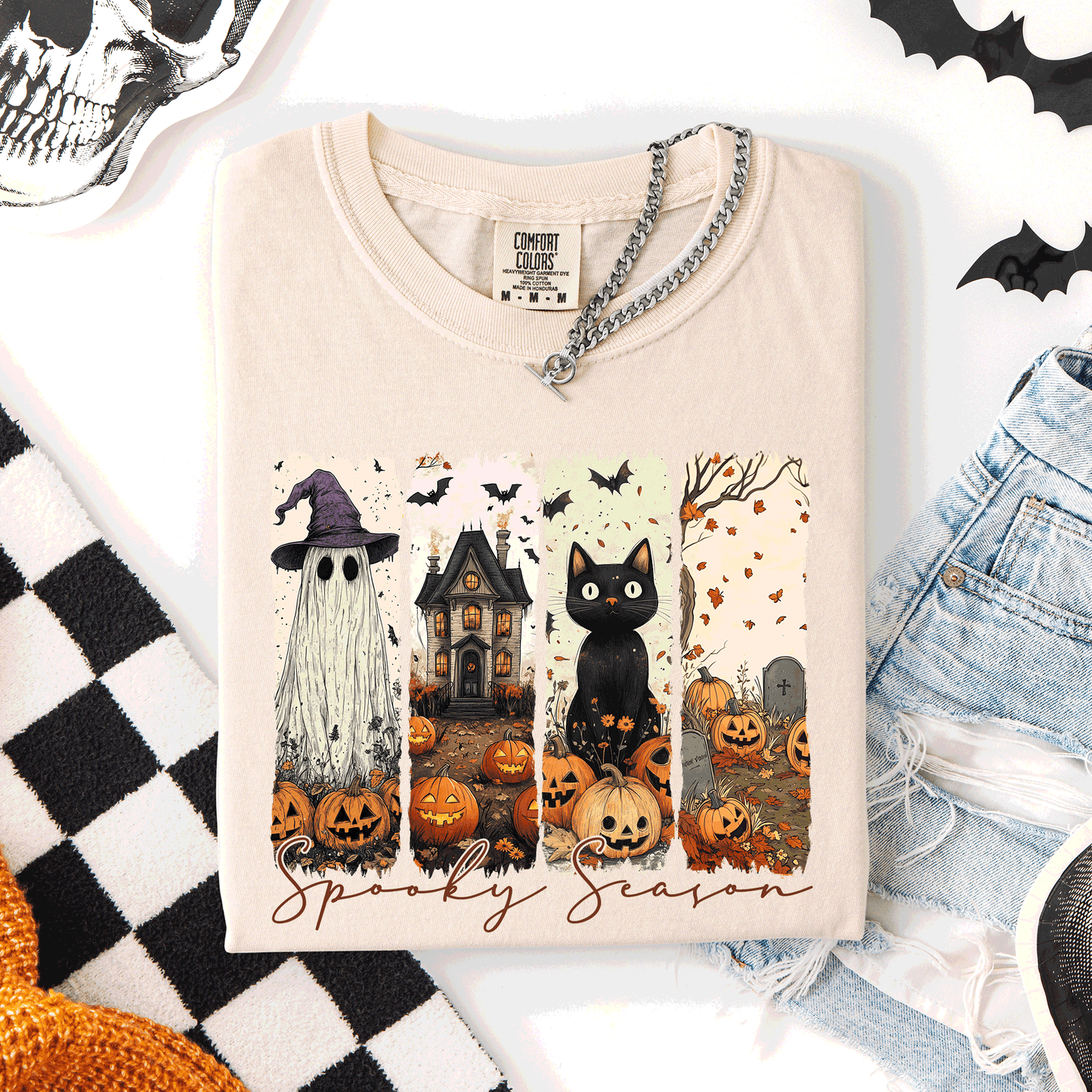 Spooky Season, Stripes, Halloween, Cat, Ghost, Pumpkins, Autumn, Fall, Comfort Colors T-Shirt