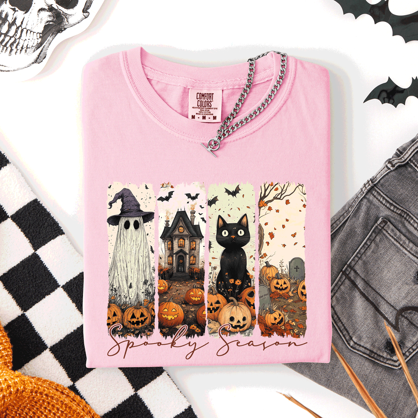 Spooky Season, Stripes, Halloween, Cat, Ghost, Pumpkins, Autumn, Fall, Comfort Colors T-Shirt