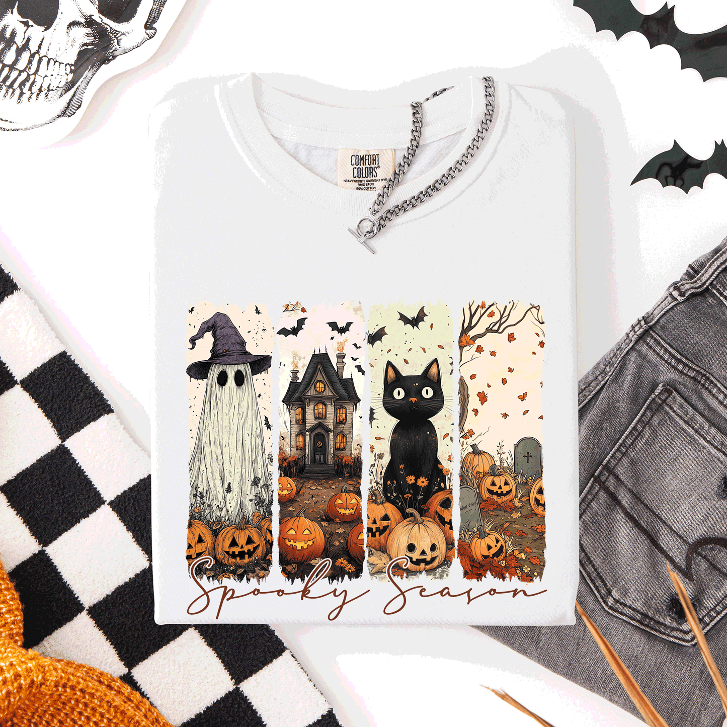 Spooky Season, Stripes, Halloween, Cat, Ghost, Pumpkins, Autumn, Fall, Comfort Colors T-Shirt