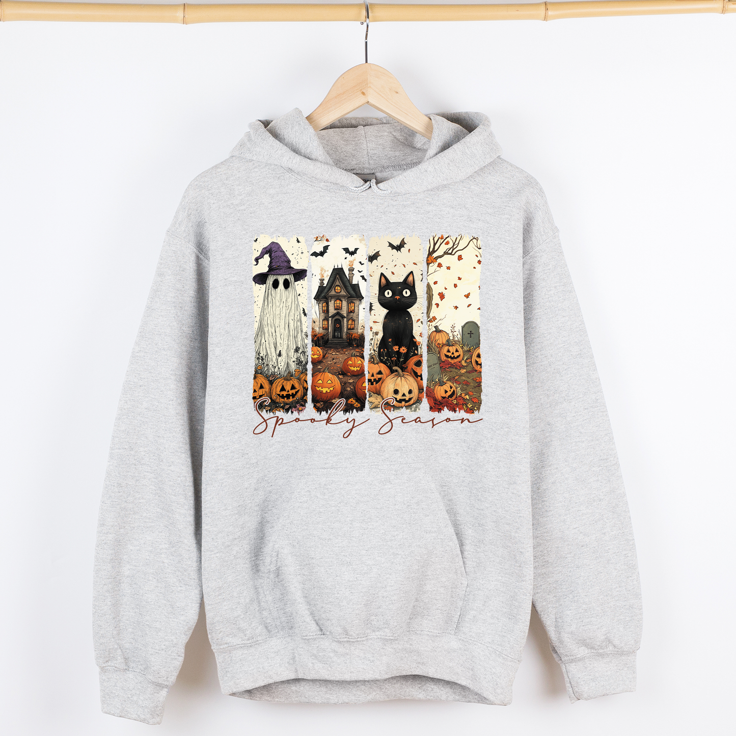 Spooky Season, Stripes, Halloween, Cat, Ghost, Pumpkins, Autumn, Fall, Graphic Hoodie, Hooded Sweatshirt